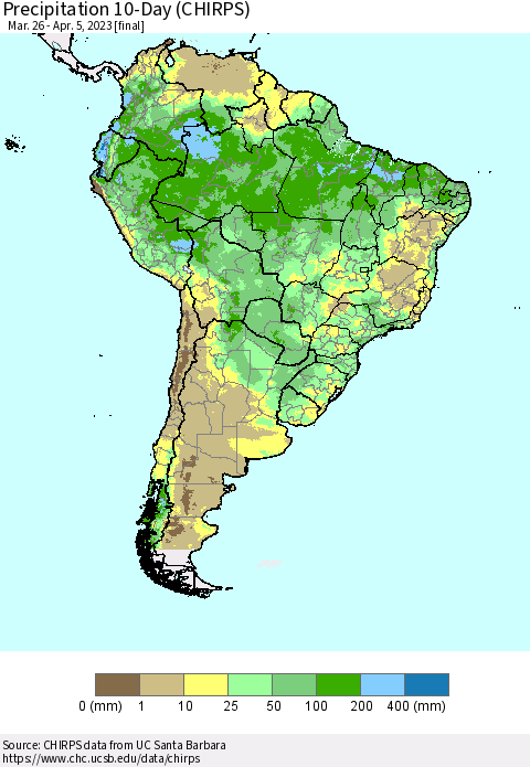South America Precipitation 10-Day (CHIRPS) Thematic Map For 3/26/2023 - 4/5/2023