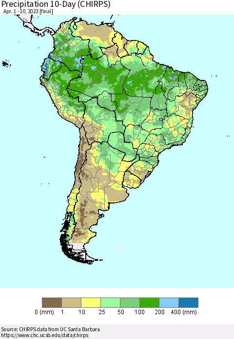 South America Precipitation 10-Day (CHIRPS) Thematic Map For 4/1/2023 - 4/10/2023