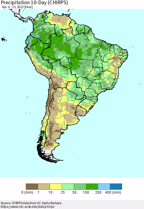 South America Precipitation 10-Day (CHIRPS) Thematic Map For 4/6/2023 - 4/15/2023