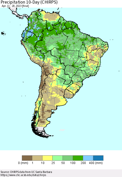 South America Precipitation 10-Day (CHIRPS) Thematic Map For 4/11/2023 - 4/20/2023