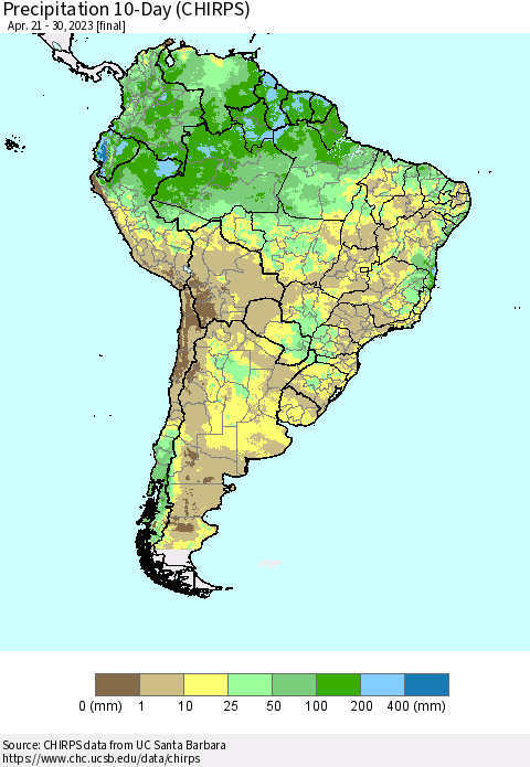 South America Precipitation 10-Day (CHIRPS) Thematic Map For 4/21/2023 - 4/30/2023