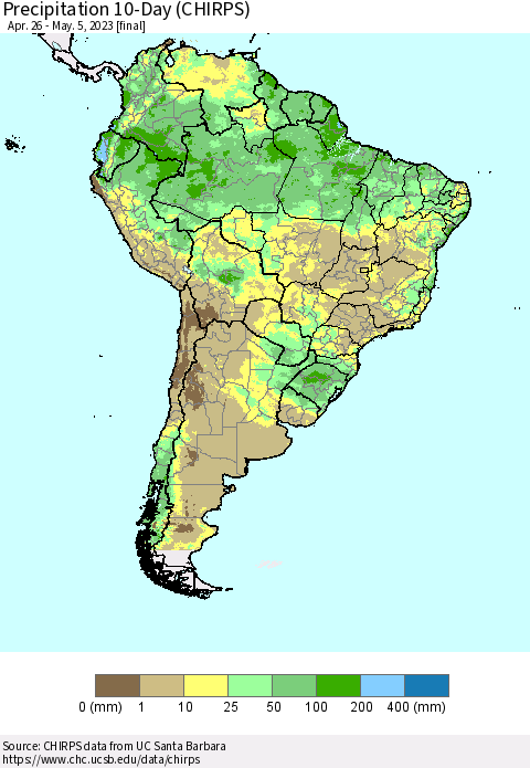 South America Precipitation 10-Day (CHIRPS) Thematic Map For 4/26/2023 - 5/5/2023
