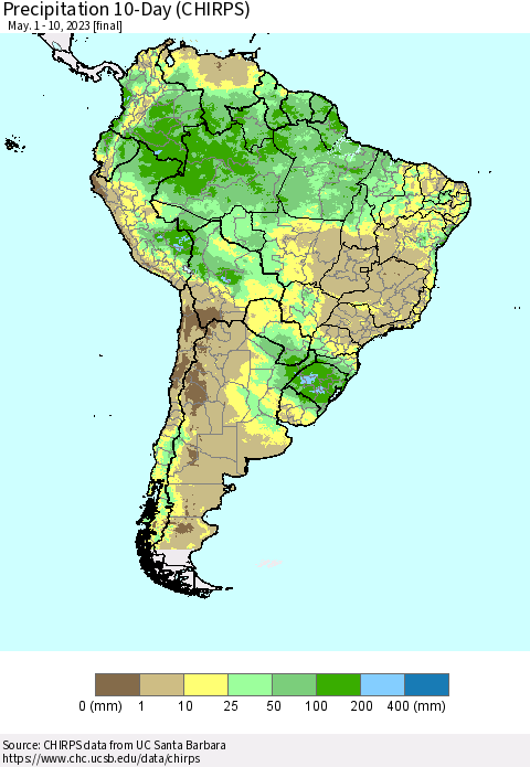 South America Precipitation 10-Day (CHIRPS) Thematic Map For 5/1/2023 - 5/10/2023