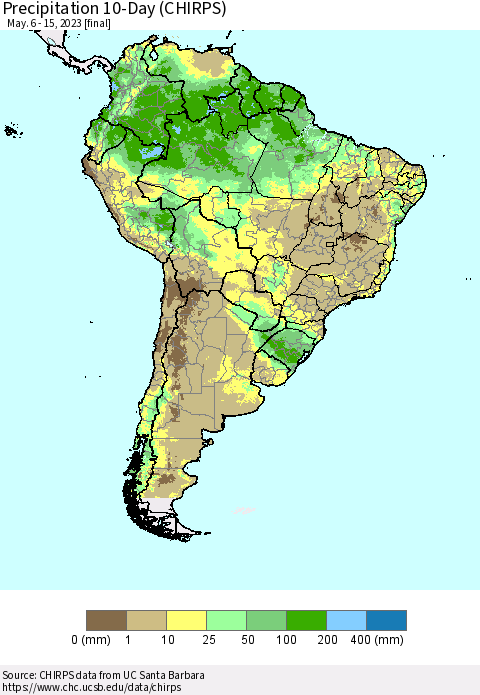 South America Precipitation 10-Day (CHIRPS) Thematic Map For 5/6/2023 - 5/15/2023