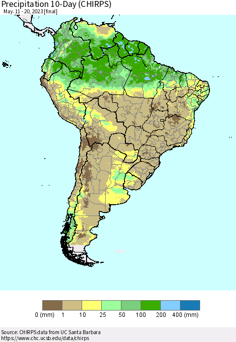 South America Precipitation 10-Day (CHIRPS) Thematic Map For 5/11/2023 - 5/20/2023