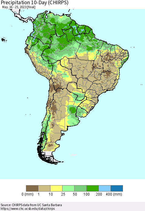 South America Precipitation 10-Day (CHIRPS) Thematic Map For 5/16/2023 - 5/25/2023