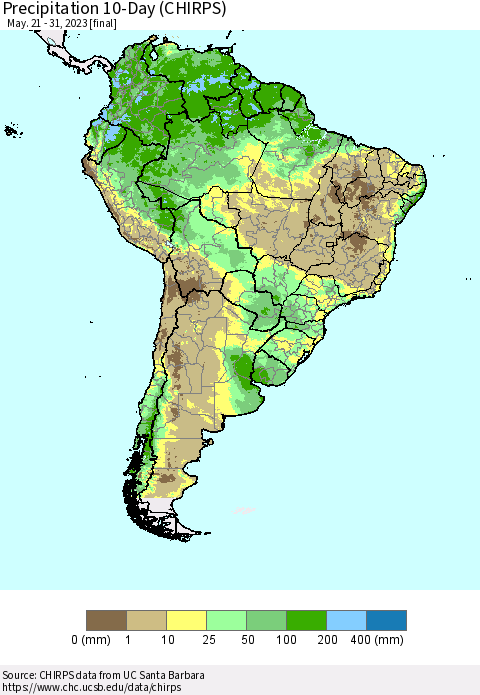 South America Precipitation 10-Day (CHIRPS) Thematic Map For 5/21/2023 - 5/31/2023