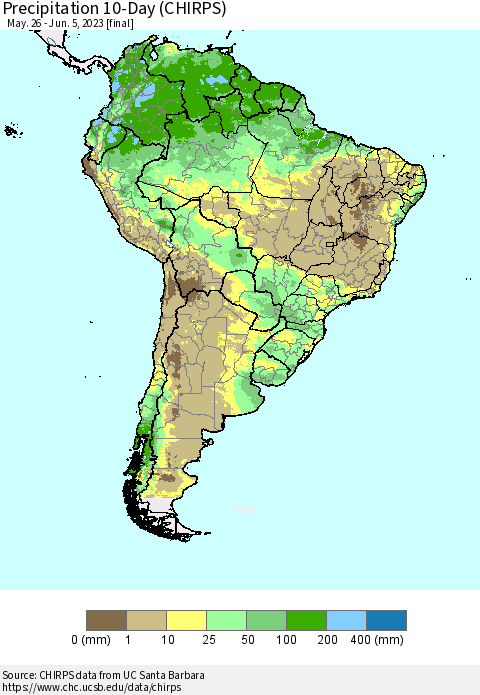 South America Precipitation 10-Day (CHIRPS) Thematic Map For 5/26/2023 - 6/5/2023