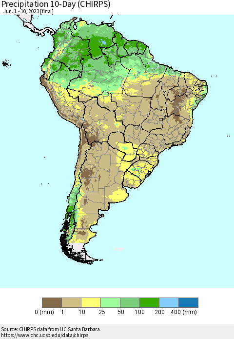 South America Precipitation 10-Day (CHIRPS) Thematic Map For 6/1/2023 - 6/10/2023