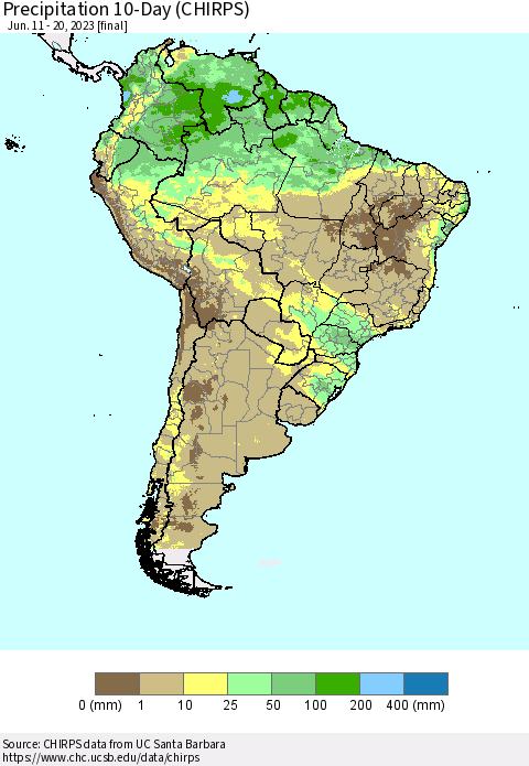 South America Precipitation 10-Day (CHIRPS) Thematic Map For 6/11/2023 - 6/20/2023