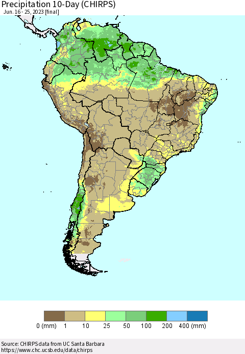 South America Precipitation 10-Day (CHIRPS) Thematic Map For 6/16/2023 - 6/25/2023