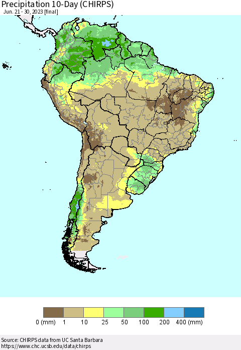 South America Precipitation 10-Day (CHIRPS) Thematic Map For 6/21/2023 - 6/30/2023