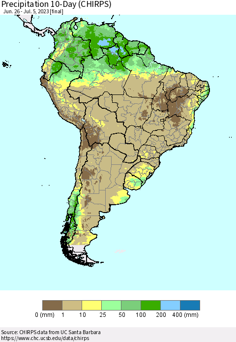 South America Precipitation 10-Day (CHIRPS) Thematic Map For 6/26/2023 - 7/5/2023