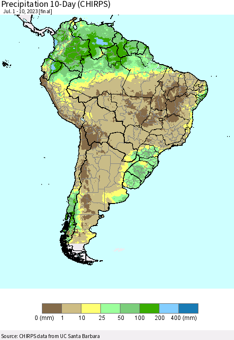 South America Precipitation 10-Day (CHIRPS) Thematic Map For 7/1/2023 - 7/10/2023