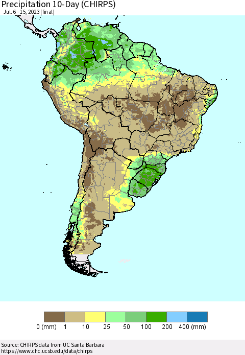 South America Precipitation 10-Day (CHIRPS) Thematic Map For 7/6/2023 - 7/15/2023