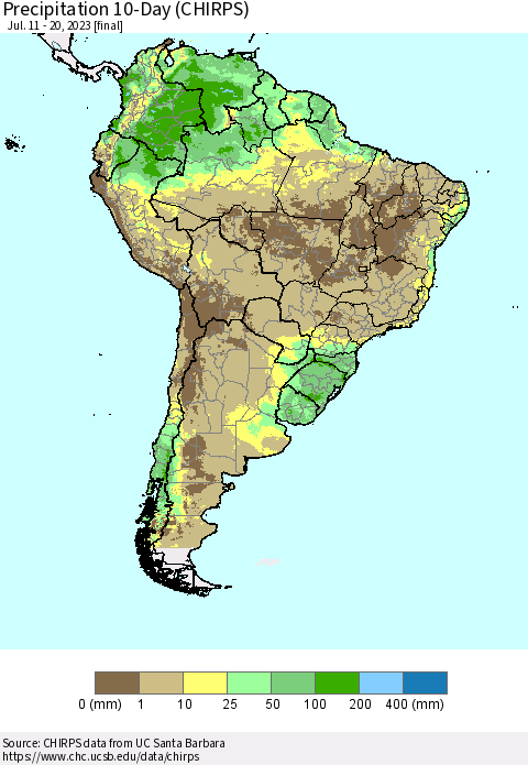 South America Precipitation 10-Day (CHIRPS) Thematic Map For 7/11/2023 - 7/20/2023