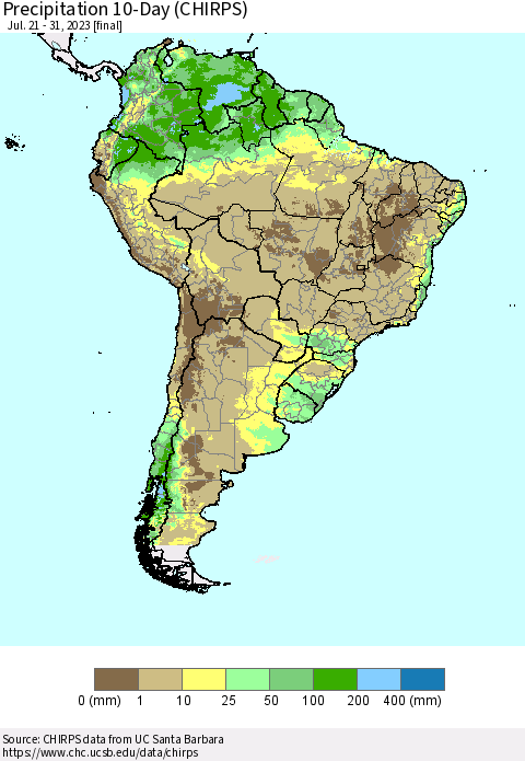 South America Precipitation 10-Day (CHIRPS) Thematic Map For 7/21/2023 - 7/31/2023