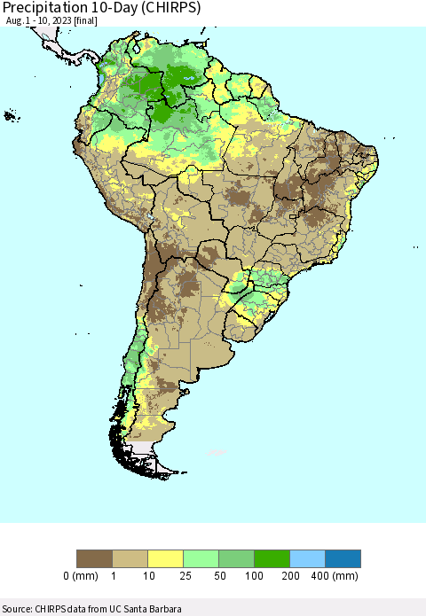 South America Precipitation 10-Day (CHIRPS) Thematic Map For 8/1/2023 - 8/10/2023