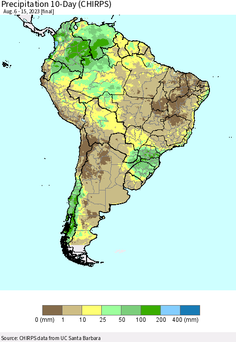 South America Precipitation 10-Day (CHIRPS) Thematic Map For 8/6/2023 - 8/15/2023