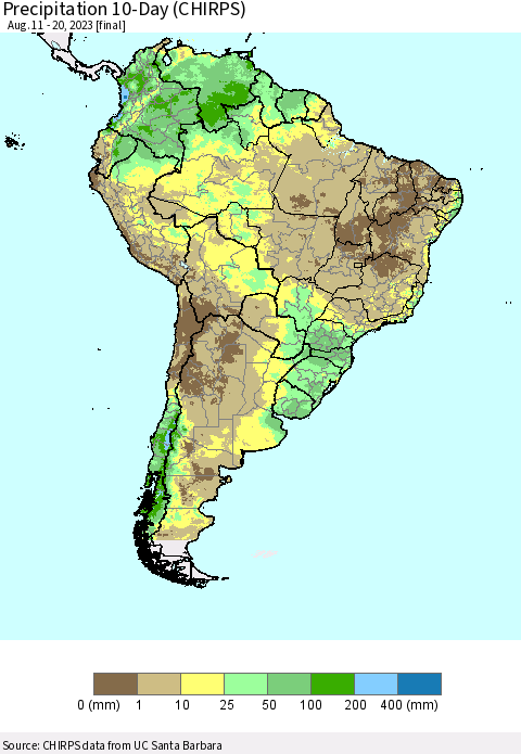 South America Precipitation 10-Day (CHIRPS) Thematic Map For 8/11/2023 - 8/20/2023