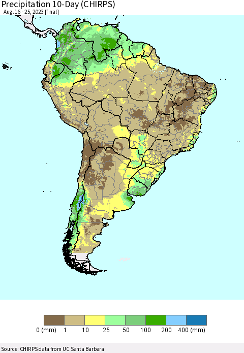 South America Precipitation 10-Day (CHIRPS) Thematic Map For 8/16/2023 - 8/25/2023