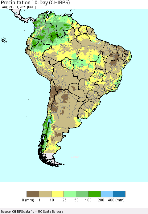 South America Precipitation 10-Day (CHIRPS) Thematic Map For 8/21/2023 - 8/31/2023
