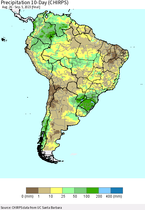 South America Precipitation 10-Day (CHIRPS) Thematic Map For 8/26/2023 - 9/5/2023