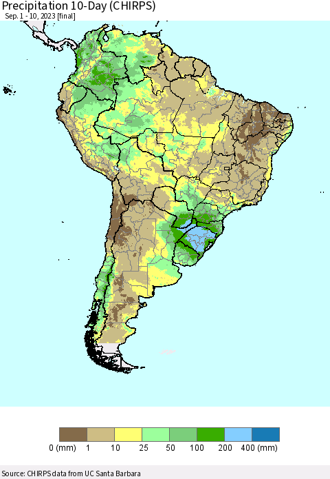 South America Precipitation 10-Day (CHIRPS) Thematic Map For 9/1/2023 - 9/10/2023