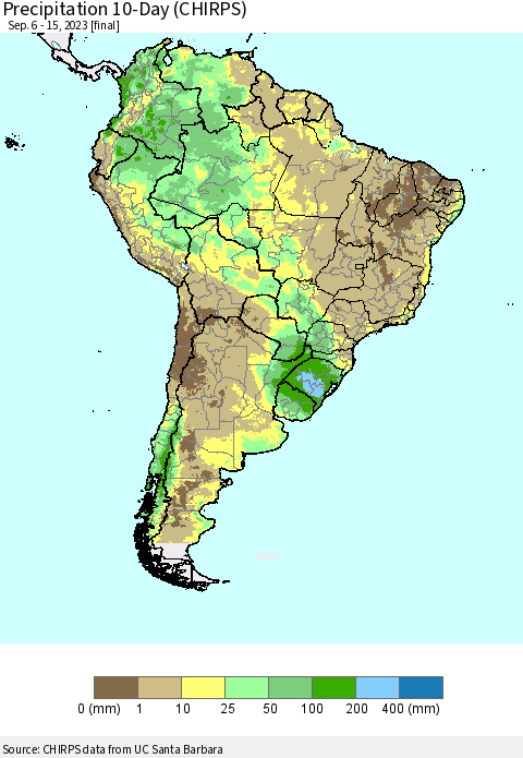 South America Precipitation 10-Day (CHIRPS) Thematic Map For 9/6/2023 - 9/15/2023