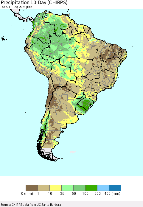 South America Precipitation 10-Day (CHIRPS) Thematic Map For 9/11/2023 - 9/20/2023