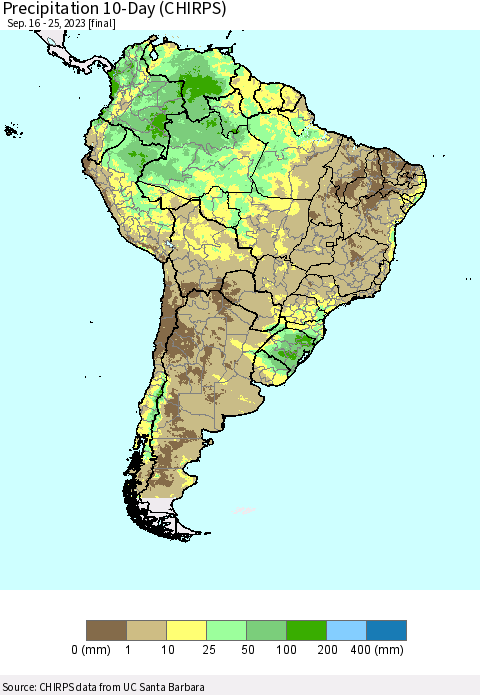 South America Precipitation 10-Day (CHIRPS) Thematic Map For 9/16/2023 - 9/25/2023