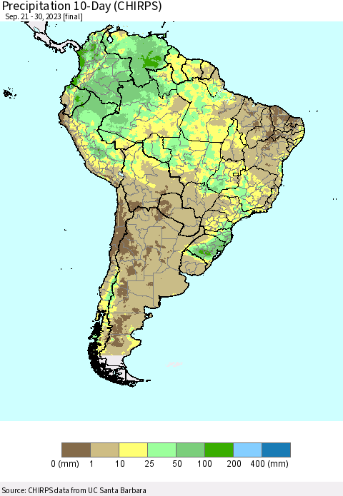South America Precipitation 10-Day (CHIRPS) Thematic Map For 9/21/2023 - 9/30/2023