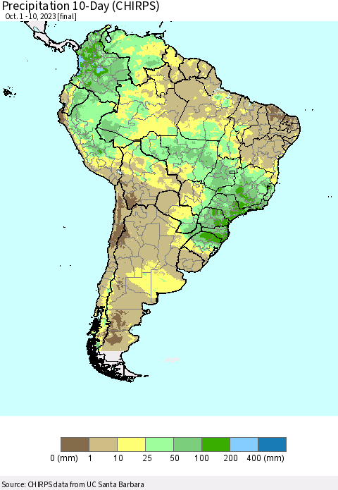South America Precipitation 10-Day (CHIRPS) Thematic Map For 10/1/2023 - 10/10/2023