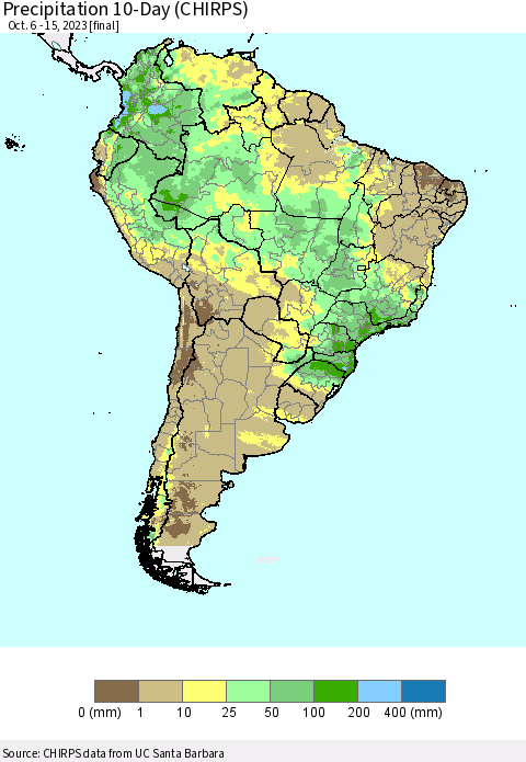 South America Precipitation 10-Day (CHIRPS) Thematic Map For 10/6/2023 - 10/15/2023