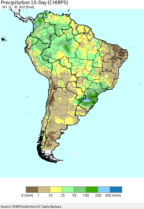 South America Precipitation 10-Day (CHIRPS) Thematic Map For 10/11/2023 - 10/20/2023
