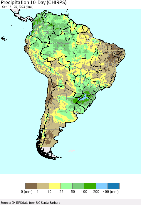 South America Precipitation 10-Day (CHIRPS) Thematic Map For 10/16/2023 - 10/25/2023
