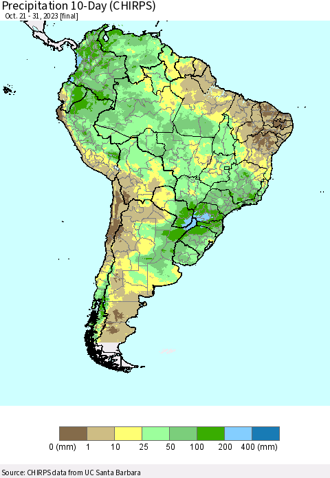 South America Precipitation 10-Day (CHIRPS) Thematic Map For 10/21/2023 - 10/31/2023