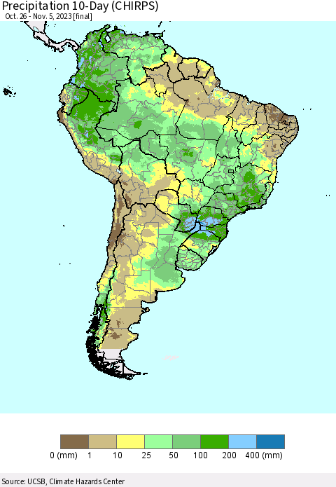South America Precipitation 10-Day (CHIRPS) Thematic Map For 10/26/2023 - 11/5/2023