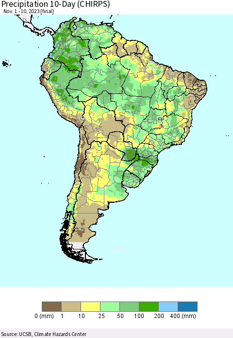 South America Precipitation 10-Day (CHIRPS) Thematic Map For 11/1/2023 - 11/10/2023