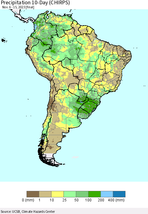 South America Precipitation 10-Day (CHIRPS) Thematic Map For 11/6/2023 - 11/15/2023