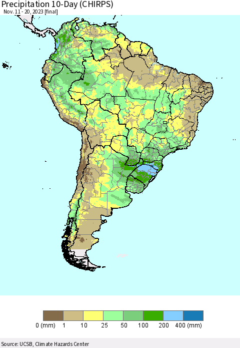 South America Precipitation 10-Day (CHIRPS) Thematic Map For 11/11/2023 - 11/20/2023