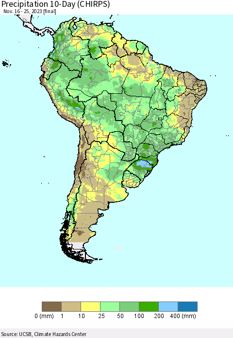 South America Precipitation 10-Day (CHIRPS) Thematic Map For 11/16/2023 - 11/25/2023
