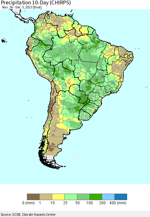 South America Precipitation 10-Day (CHIRPS) Thematic Map For 11/26/2023 - 12/5/2023