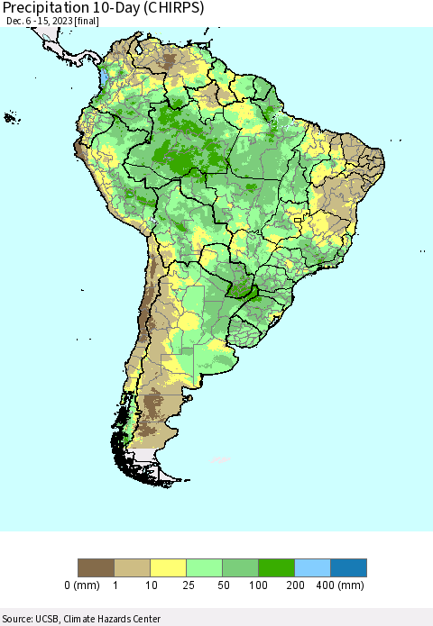 South America Precipitation 10-Day (CHIRPS) Thematic Map For 12/6/2023 - 12/15/2023