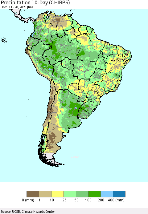 South America Precipitation 10-Day (CHIRPS) Thematic Map For 12/11/2023 - 12/20/2023