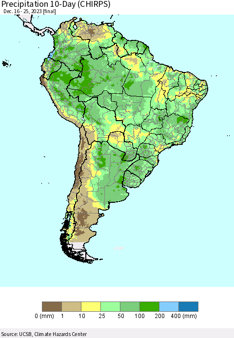 South America Precipitation 10-Day (CHIRPS) Thematic Map For 12/16/2023 - 12/25/2023