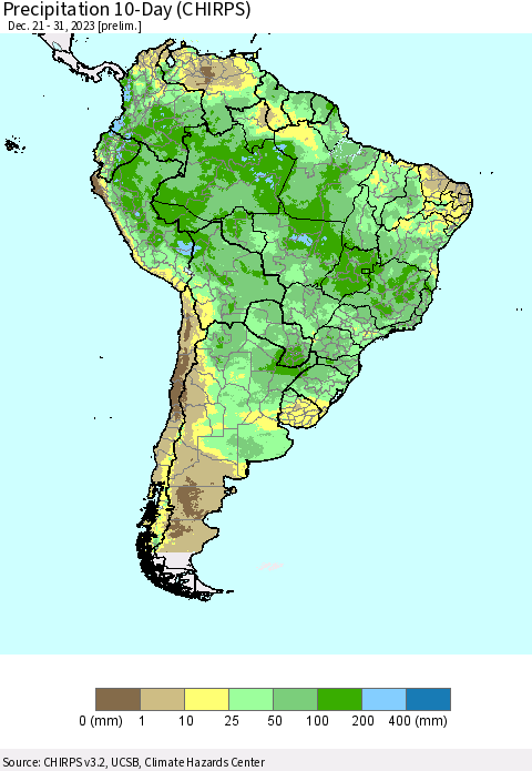 South America Precipitation 10-Day (CHIRPS) Thematic Map For 12/21/2023 - 12/31/2023