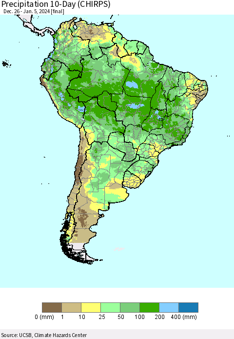 South America Precipitation 10-Day (CHIRPS) Thematic Map For 12/26/2023 - 1/5/2024