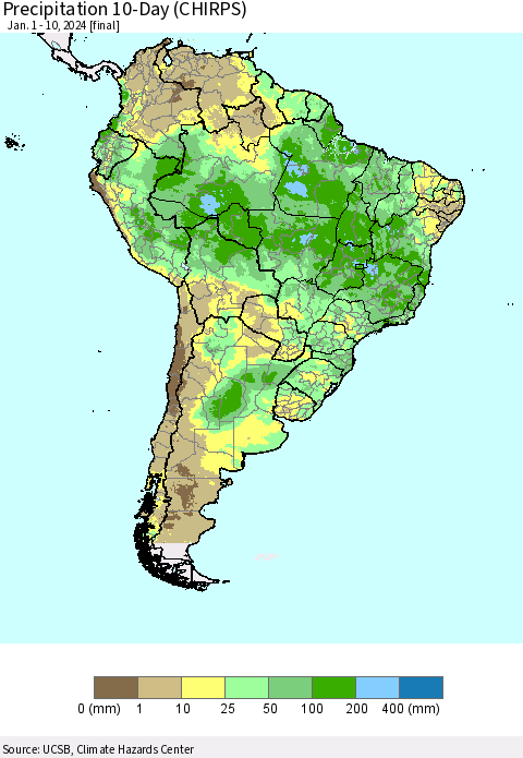 South America Precipitation 10-Day (CHIRPS) Thematic Map For 1/1/2024 - 1/10/2024