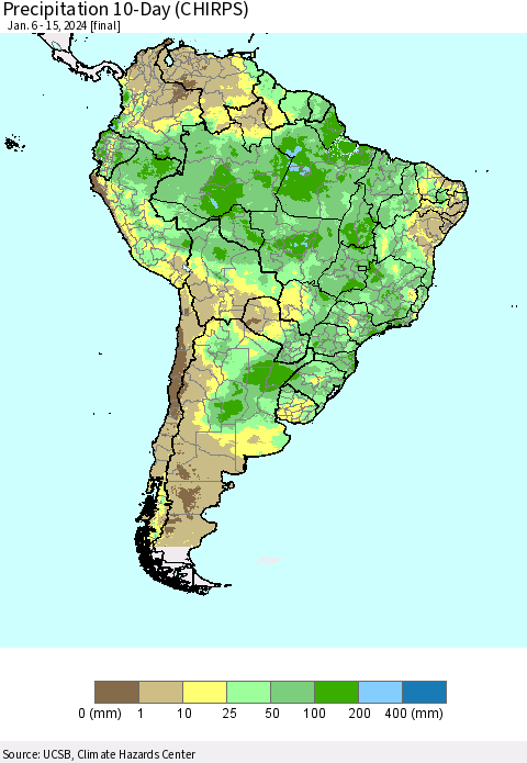 South America Precipitation 10-Day (CHIRPS) Thematic Map For 1/6/2024 - 1/15/2024